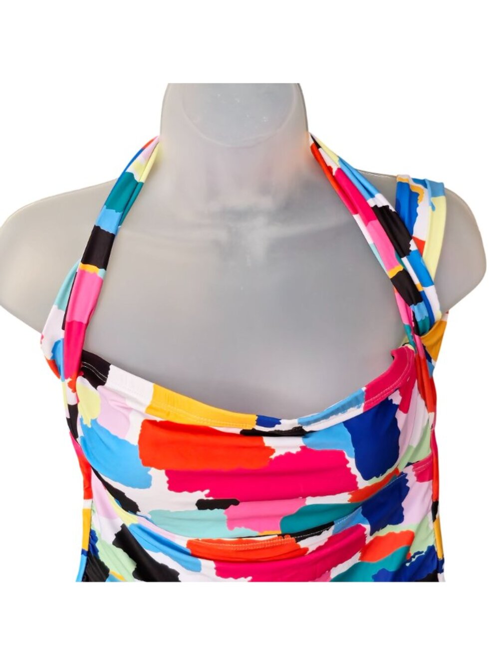 Multicolor Abstract Halter Tankini Top M Ruched Lined Removable Padding - Picture 2 of 6